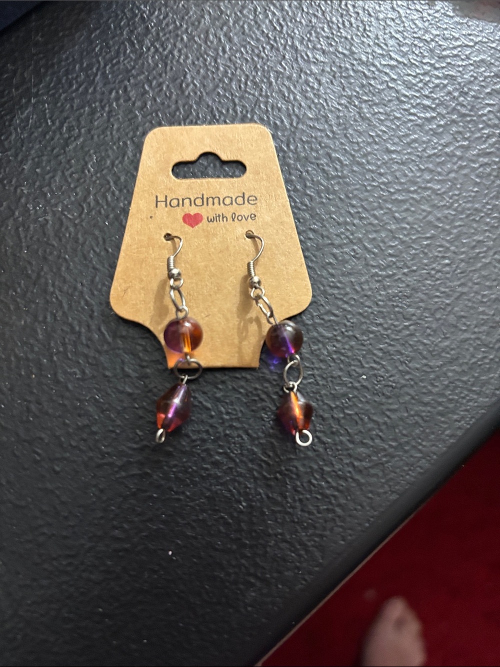 Handmade Amber-Purple Glass Bead Drop Earrings